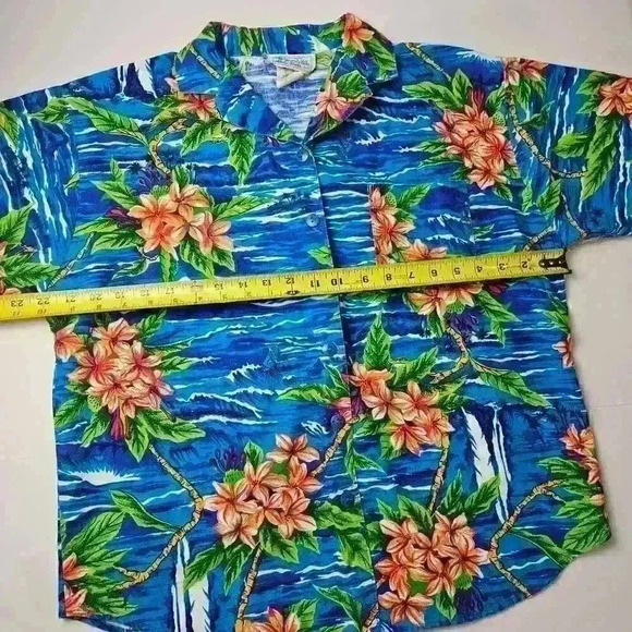 Vintage Beverly Hills Blues Floral Hawaiian Button Up Shirt Size Medium USA Made - Picture 8 of 8